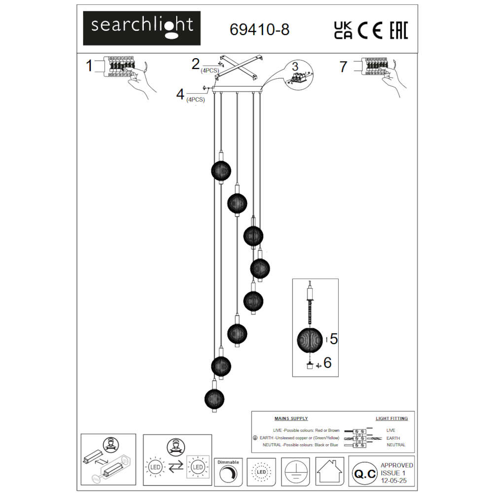 LED полилей Searchlight Luminique 69410-8SB 23W 3000K 2947lm сатен месинг и оребрено стъкло - Image 5