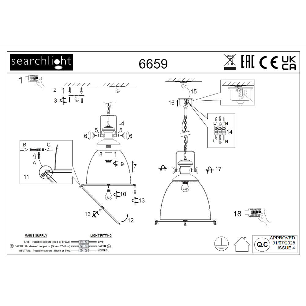 Висяща лампа пендел Searchlight 6659 220V E27 фасунга метал и стъкло - Image 4