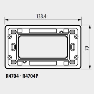 Чертеж с размери на монтажни рамки BTicino Classia R4704 и R4704P за 4 модула при италиански стандарт. Размери 138.4 x 79 мм.