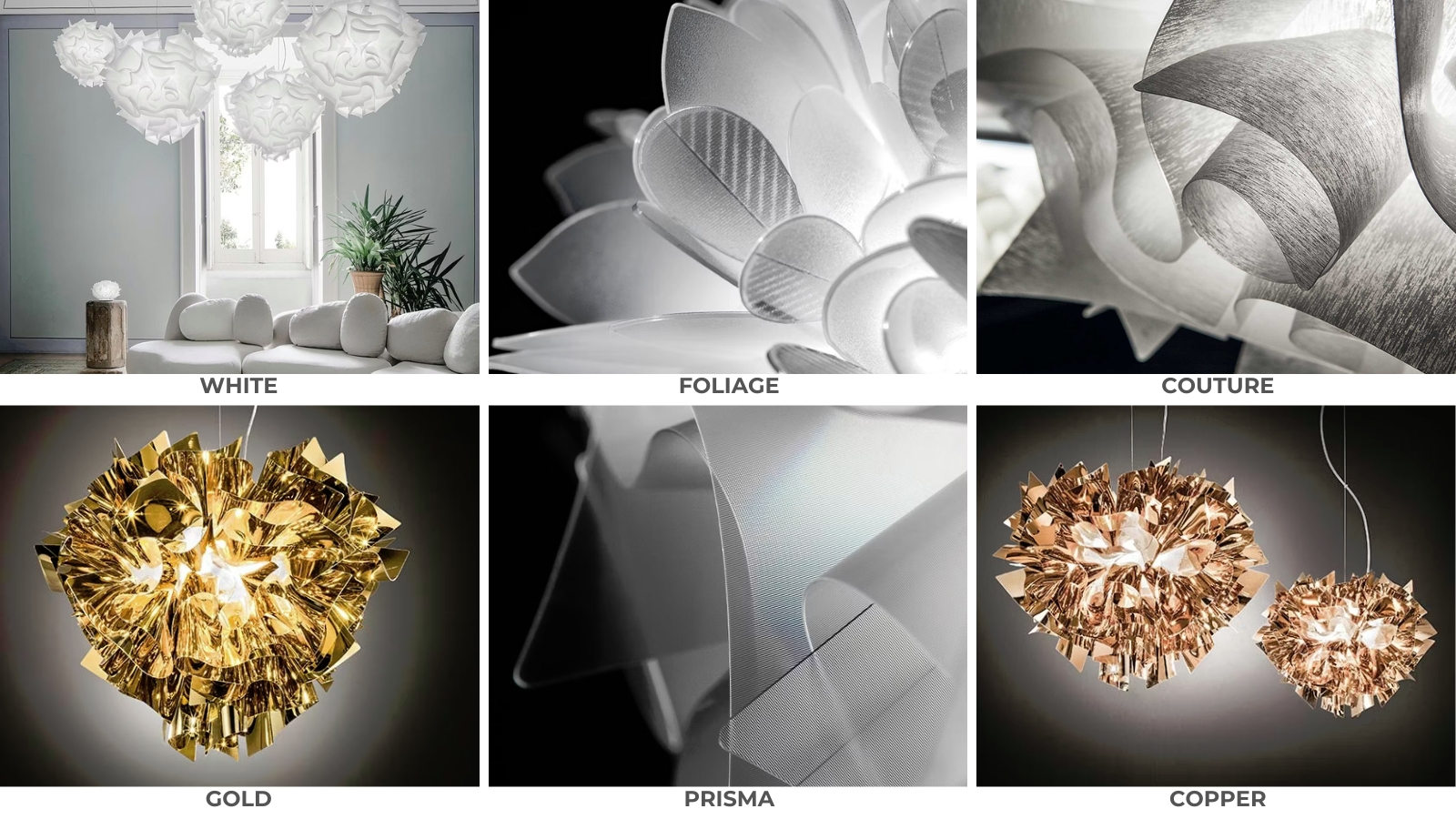 Различни финиши на лампите SLAMP Veli – White, Foliage, Couture, Gold, Prisma и Copper с многопластови структури и различни светлинни ефекти.