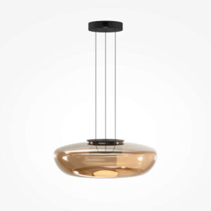 Детайл на окачването и закрепването на стъкления абажур при LED пендел Maytoni Bassa Olive Green.