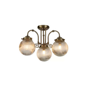 Плафон Belvue Searchlight 32593-3AB IP44 с античен месинг и оребрено стъкло. Елегантно осветление с 3 фасунги E14 за баня, спалня и дневна.