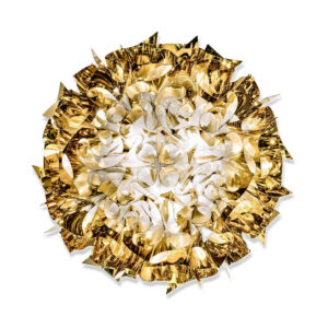 Голям дизайнерски плафон SLAMP Veli Gold L Ø78 см с финиш Goldflex® и златисти отражения на светлината.