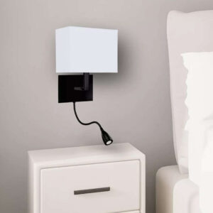 LED аплик с ключ Searchlight Hotel 6519BK – стенна лампа с текстилен абажур, LED спот за четене и фасунга E27