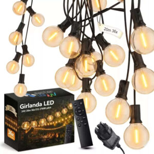 Светещ градински LED гирлянд LVT-0370 24V с 36 LED филаментни крушки, дистанционно управление и защита IP44 за външно декоративно осветление