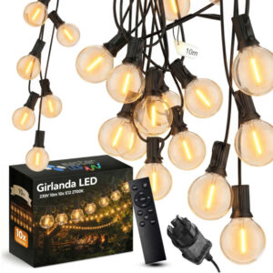 Светещ градински LED гирлянд LVT-0371 24V с 15 LED филаментни крушки, дистанционно управление и защита IP44 за външно декоративно осветление
