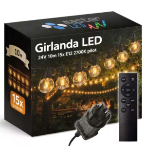 Светещ гирлянд за градина с дистанционно 24V LVT-0371 IP44 10 метра 15 крушки E12 G40 1W 2700K
