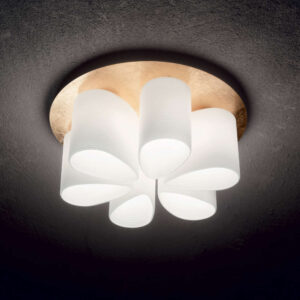 Плафон за таван Ideal Lux Daisy PL6 247779 светещ Светещ плафон за таван Ideal Lux Daisy PL6 със златиста основа и шест бели стъклени дифузера