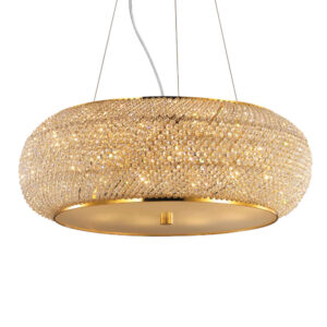 Голям златист кристален полилей Ideal Lux Pasha' SP14 с абажур от нанизи с шлифовани кристални елементи