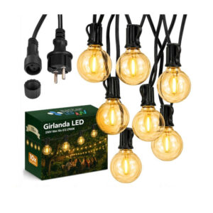 Градински LED гирлянд LVT-0354 24V IP44 10 метра с 10 LED крушки G40 E12 2700K за декоративно външно осветление на двор и градина