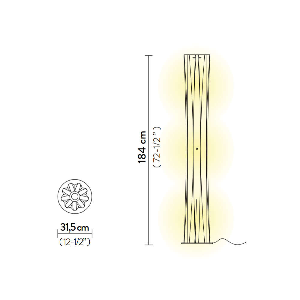 Размери на лампион SLAMP Bach Floor XXL Gold с височина 184 см и диаметър 31,5 см.