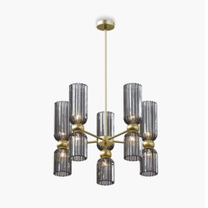 Полилей Maytoni Antic MOD302PL-10GR със златиста метална конструкция и 10 абажура от опушено сиво оребрено стъкло