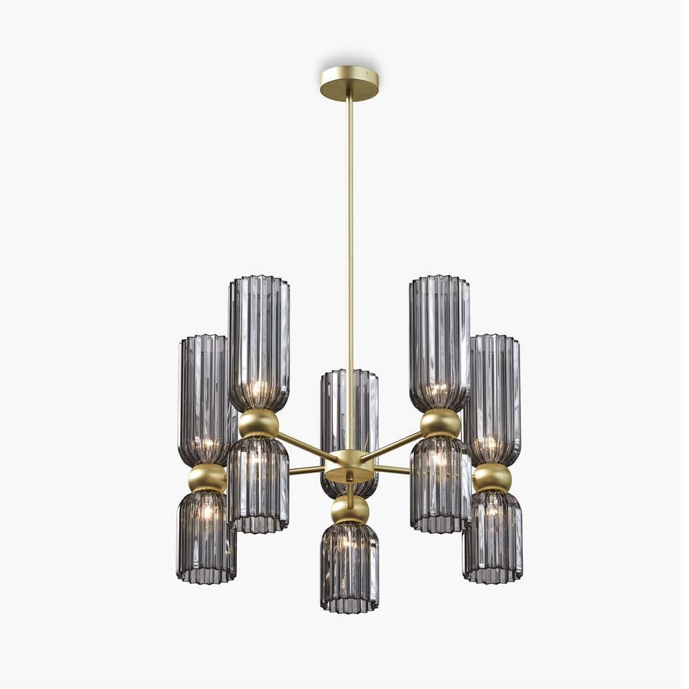 Полилей Maytoni Antic MOD302PL-10GR със златиста метална конструкция и 10 абажура от опушено сиво оребрено стъкло