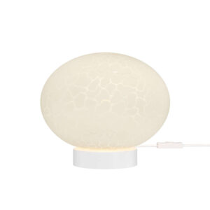 Настолна LED лампа Maytoni Spume MOD542TL-L6WK с бял сферичен стъклен абажур и бяла основа.