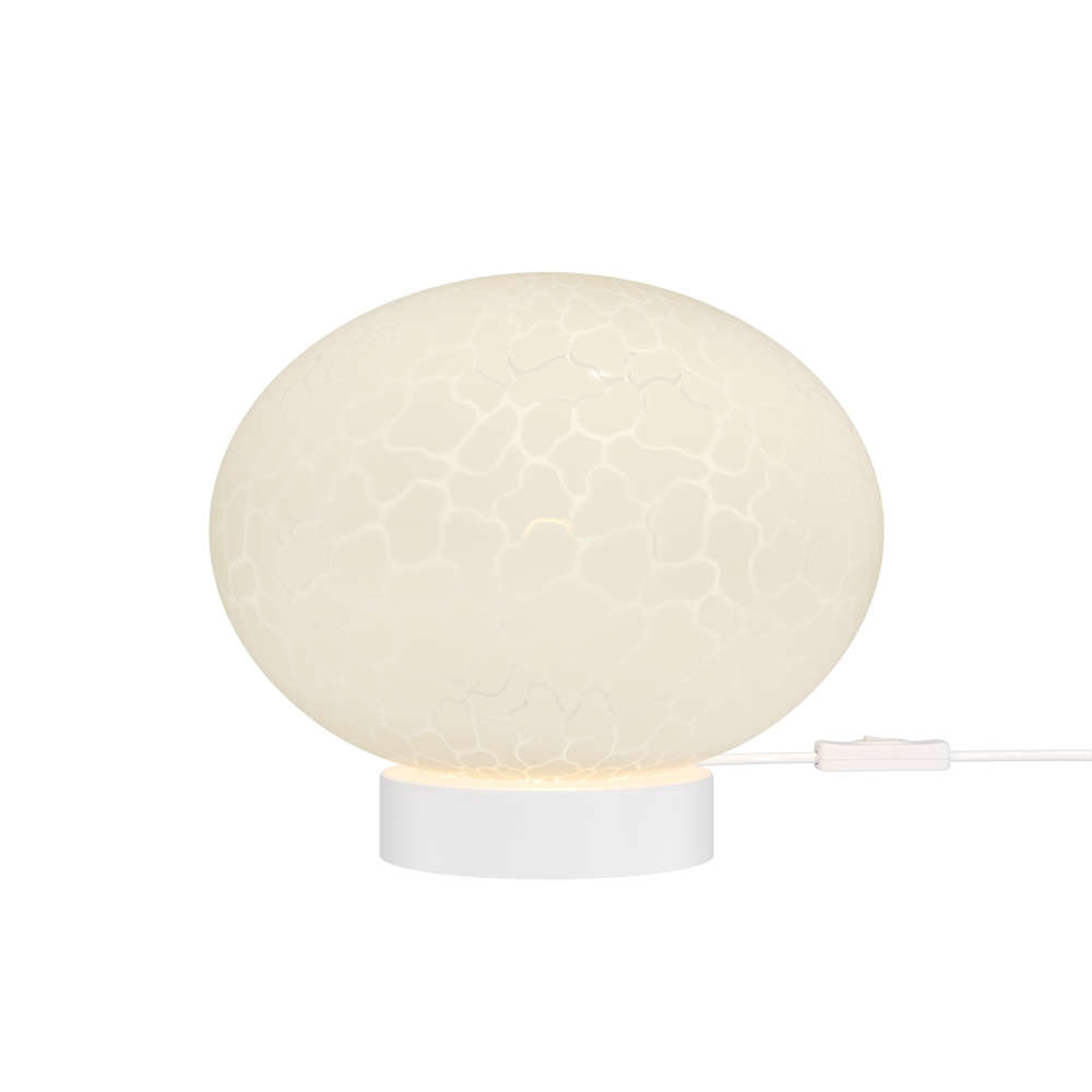 Настолна LED лампа Maytoni Spume MOD542TL-L6WK с бял сферичен стъклен абажур и бяла основа.
