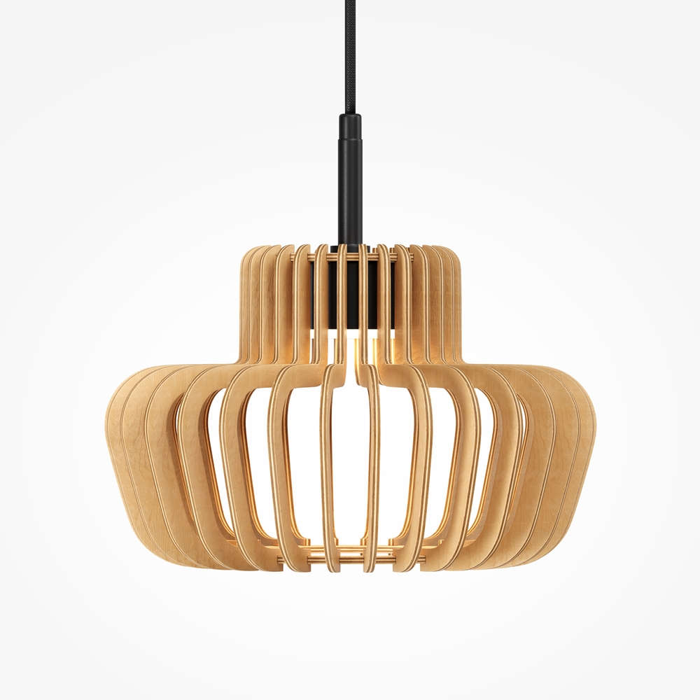 Детайл на абажура от дървени елементи на пендел Maytoni Namiki MOD465PL-L12BK2.