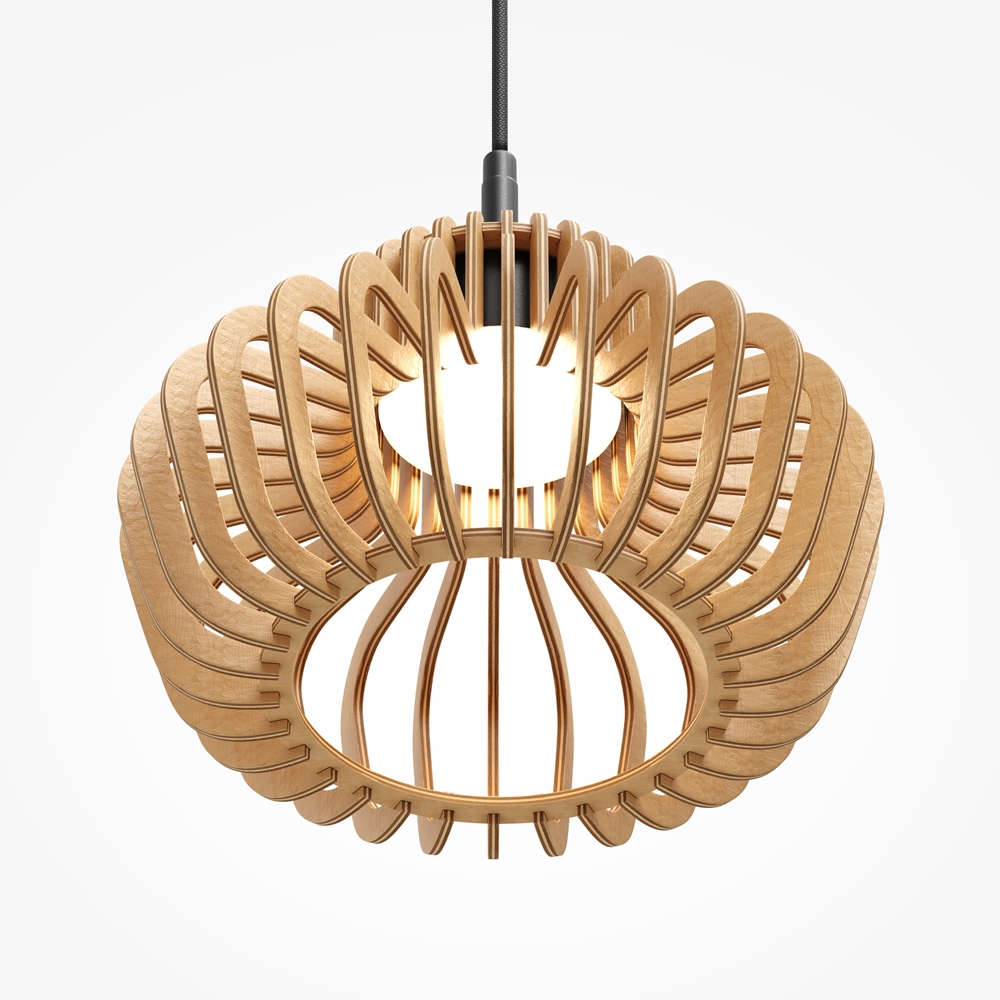 Поглед отдолу към абажура с дървени елементи на пендел Maytoni Namiki MOD465PL-L12BK2.