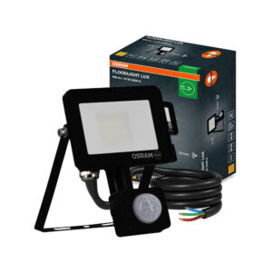 LED прожектор Osram 10W IP65 със сензор за движение, черен алуминиев корпус, защитно стъкло и регулируема монтажна конзола за външен монтаж