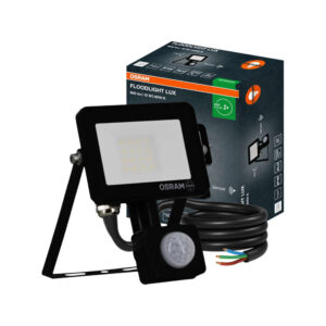LED прожектор Osram 10W IP65 4000K със сензор за движение, черен алуминиев корпус, защитно стъкло и регулируема монтажна конзола за външен монтаж