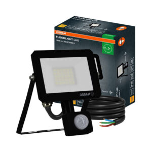 LED прожектор Osram 20W IP65 със сензор за движение, черен алуминиев корпус, защитно стъкло и регулируема монтажна конзола за външен монтаж