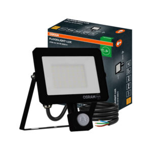 LED прожектор Osram 30W IP65 със сензор за движение, черен алуминиев корпус, защитно стъкло и регулируема монтажна конзола за външен монтаж