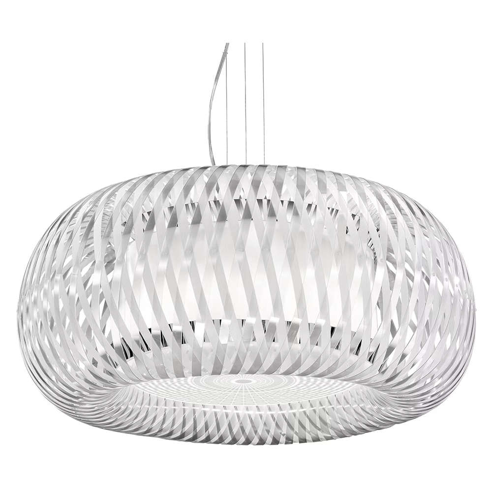 Пендел SLAMP Kalatos Prisma Ø63 см със светла ажурна структура и прозрачен ефект.