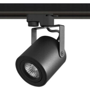 Релсов прожектор LVT Abi 8582 с черен цилиндричен метален корпус, фасунга GU10 и регулируемо насочване за трифазна релсова система