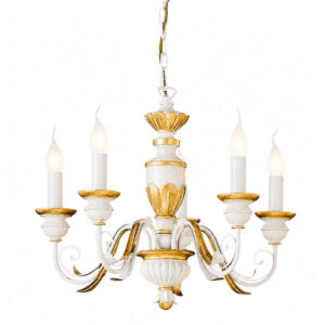 Класически полилей за хол, кухня и спалня, Ideal Lux Firenze SP5 Bianco 012865 с пет рамена в бяло и златисто