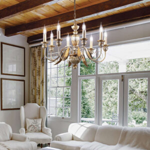 Класически полилей Ideal Lux Firenze SP8 Oro 020839 в интериор Класически полилей Ideal Lux Firenze SP8 Oro 020839 със златист античен финиш в светъл хол