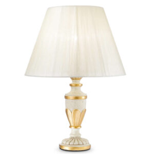 Класическа настолна лампа Ideal Lux Firenze TL1 Bianco 012889 с бяла основа, златисти детайли и бял абажур