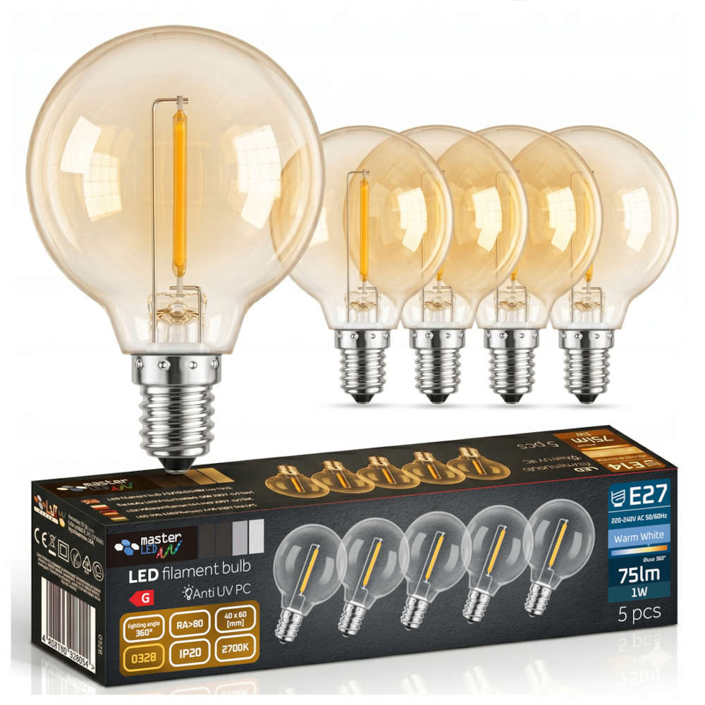 LVT 0328 – комплект 5 LED filament крушки E12 за гирлянд, 1W, 75lm, 2700K - Image 2