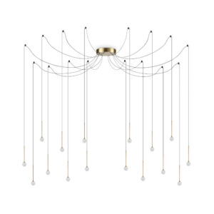 LED полилей Ideal Lux Lucciola SP16 Ottone с месингова основа и 16 висящи светлинни източника на бял фон