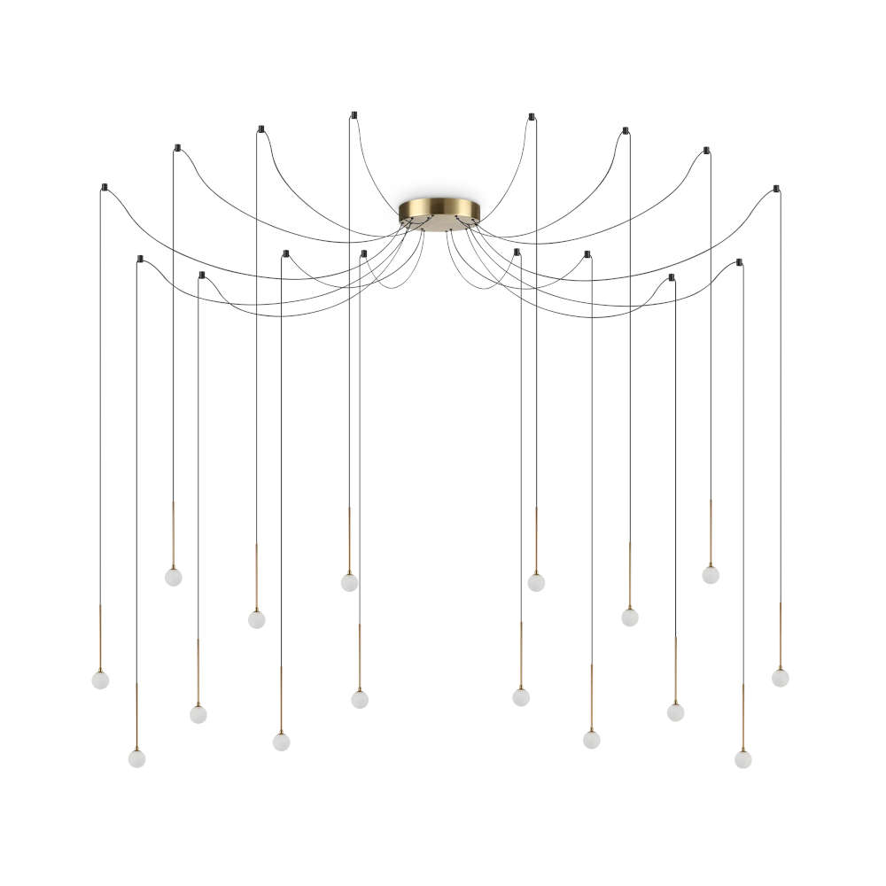 LED полилей Ideal Lux Lucciola SP16 Ottone с месингова основа и 16 висящи светлинни източника на бял фон
