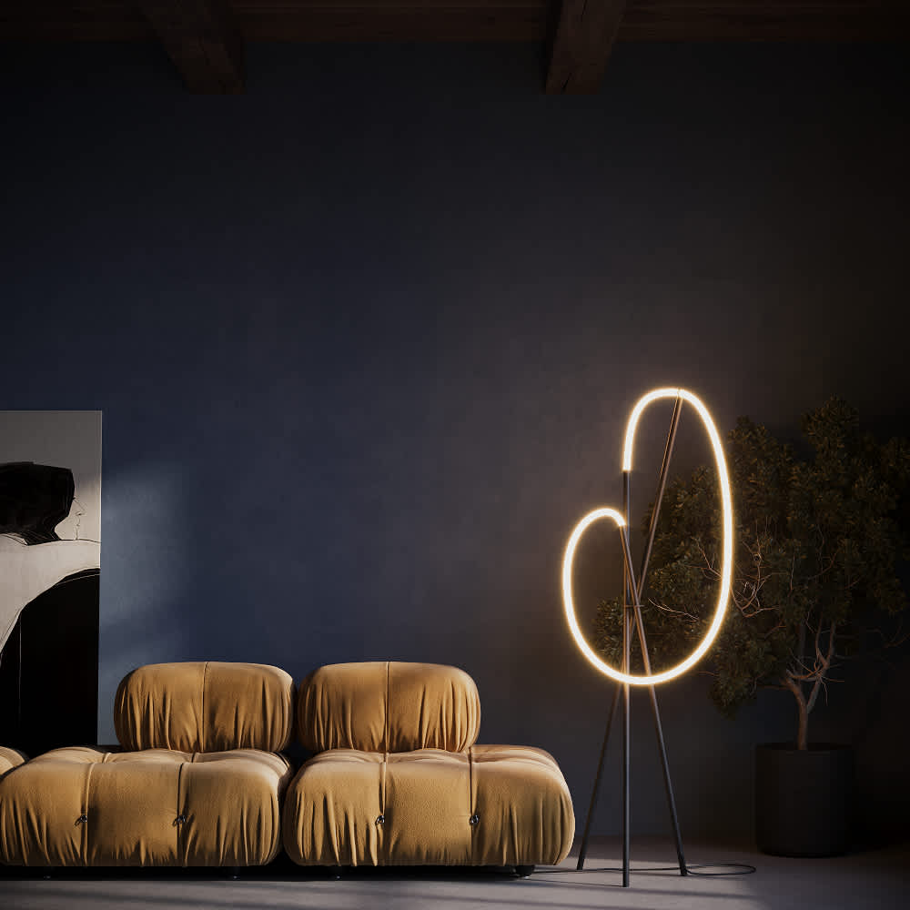Черен LED лампион Maytoni Crochet MOD369FL-L36B3K до диван в дневна с тъмна стена