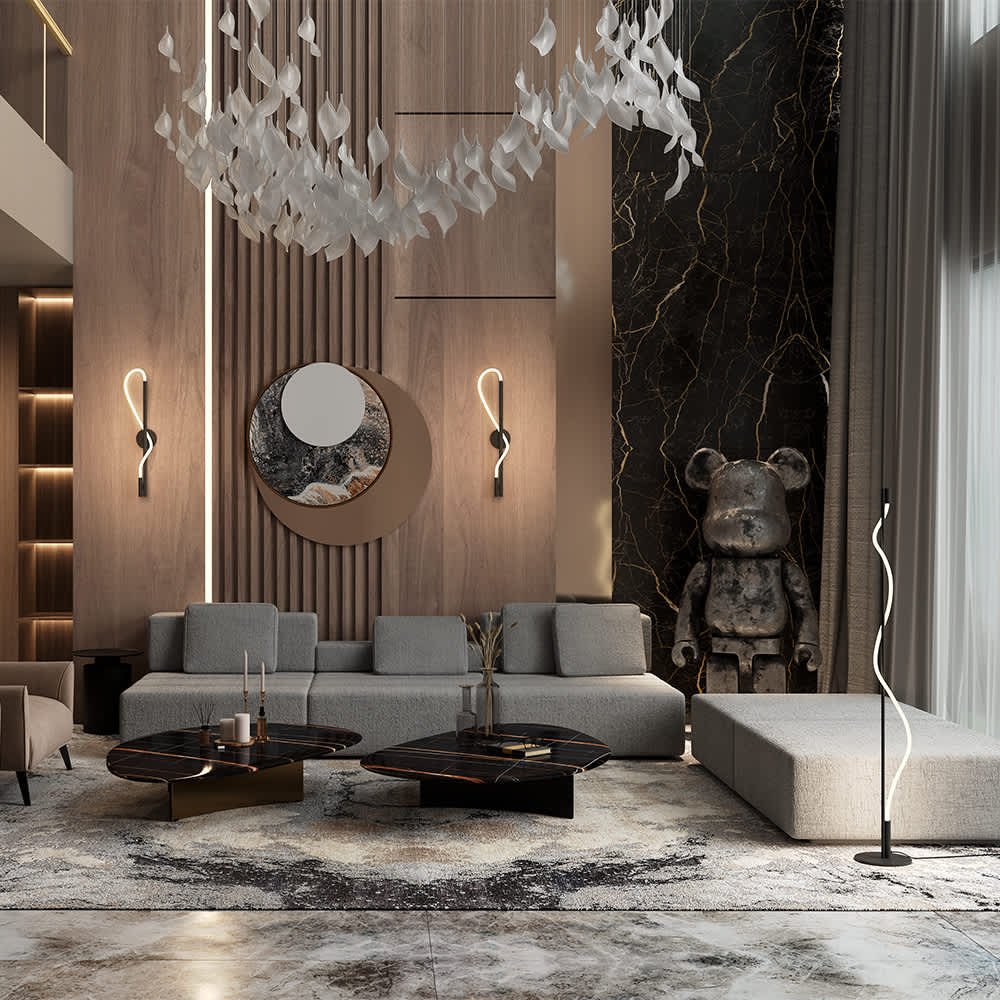 Maytoni Tau MOD166FL-L15B3K - черният лампион в дневна с високи прозорци