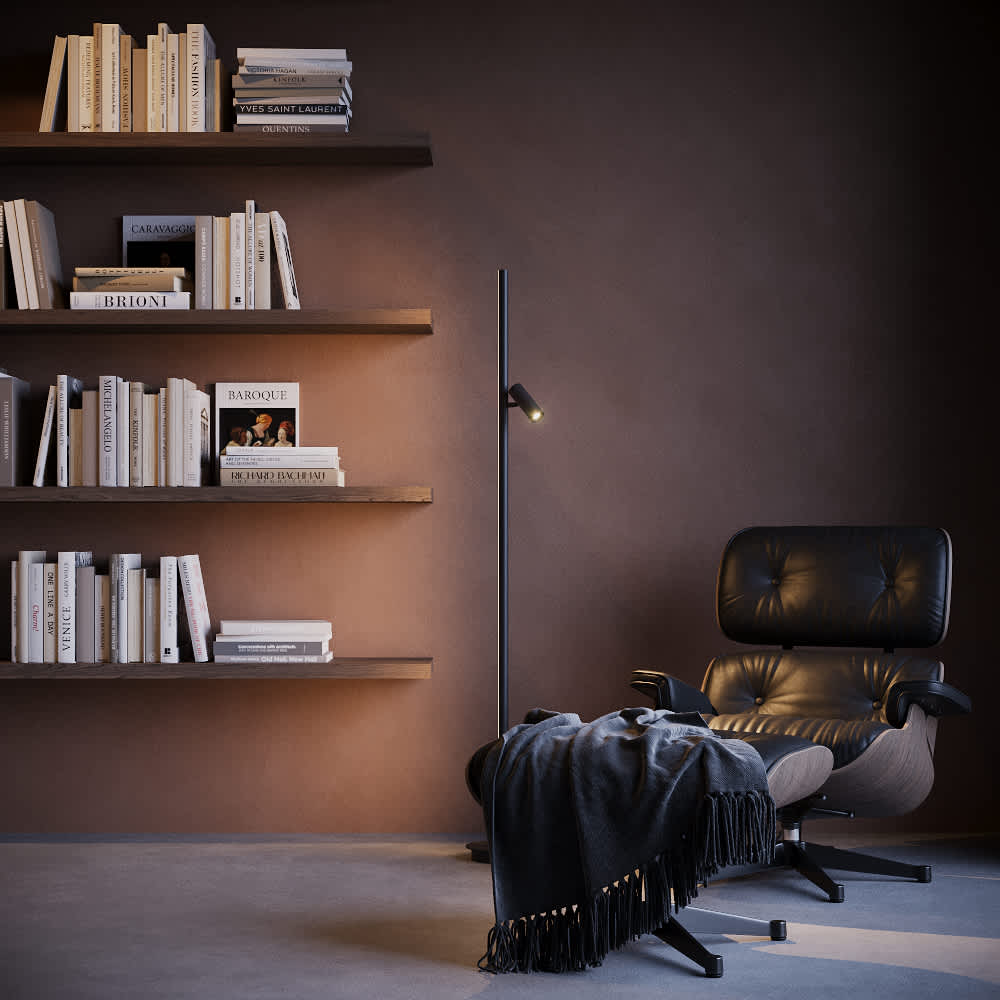 Черен лампион Maytoni Thin MOD395FL-L28B3K до кожено кресло и библиотека