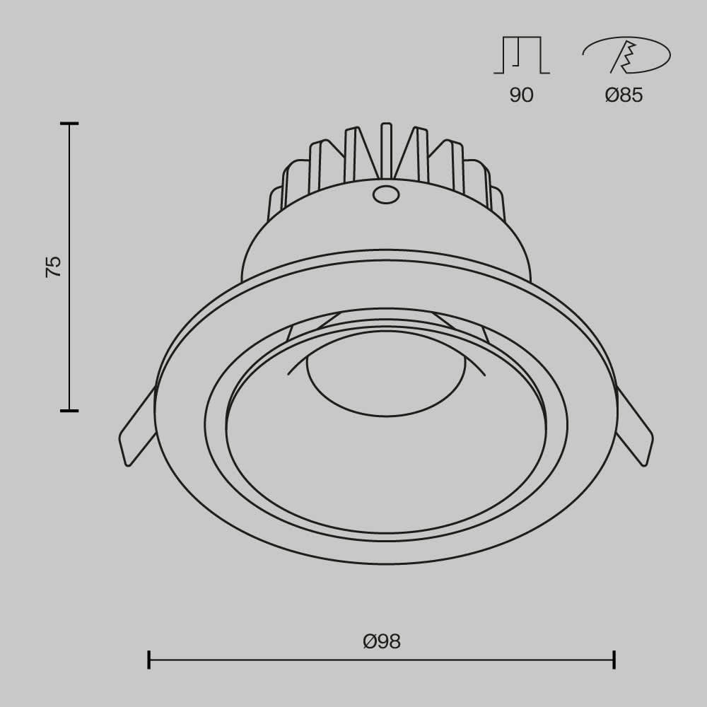 LED луна за вграждане Maytoni Yin DL031-2-L12B, черна, схема с размери и монтажен отвор