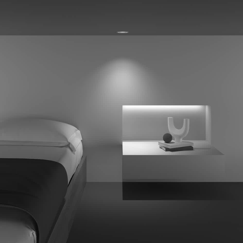 LED луна за вграждане Maytoni Yin DL031-L12W4K-W, бяла, оригинален интериор с бяла LED луна над нощно шкафче