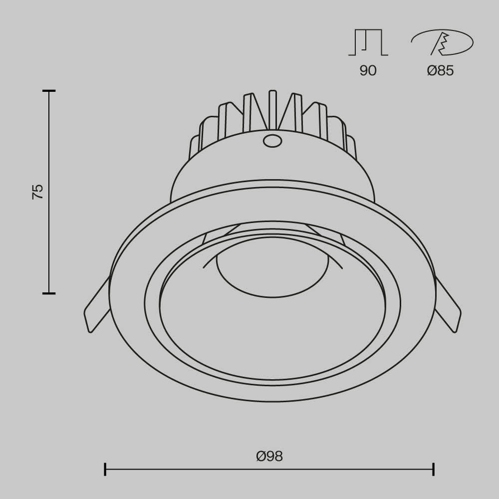 LED луна за вграждане Maytoni Yin DL031-L12W4K-W, бяла, схема с размери и монтажен отвор