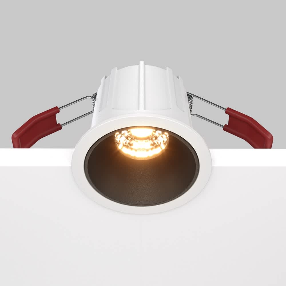 LED луна за вграждане Maytoni Alfa DL043-01-10W2.7K-RD-WB-DE, бяла с черен рефлектор, общ изглед с корпуса и монтажните пружини