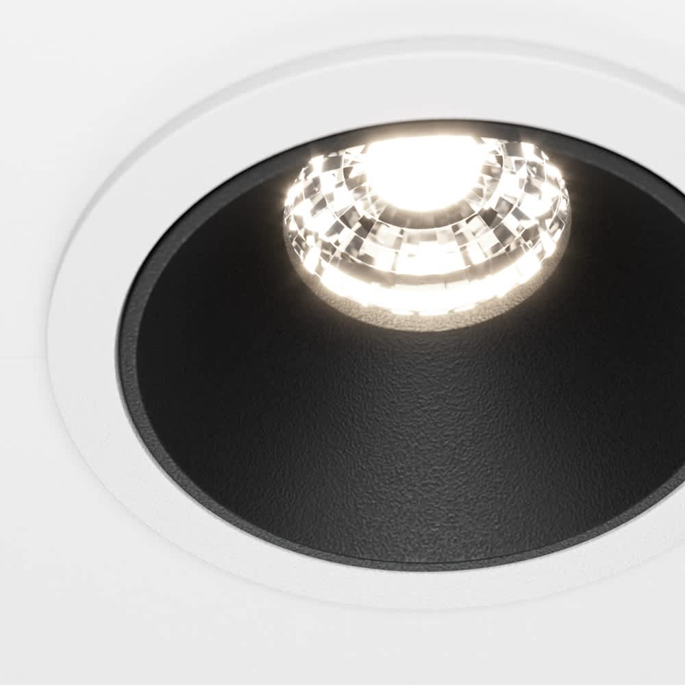 LED луна за вграждане Maytoni Alfa DL043-01-10W4K-D-RD-WB, бяла с черен рефлектор, детайл на рефлектора и LED оптиката