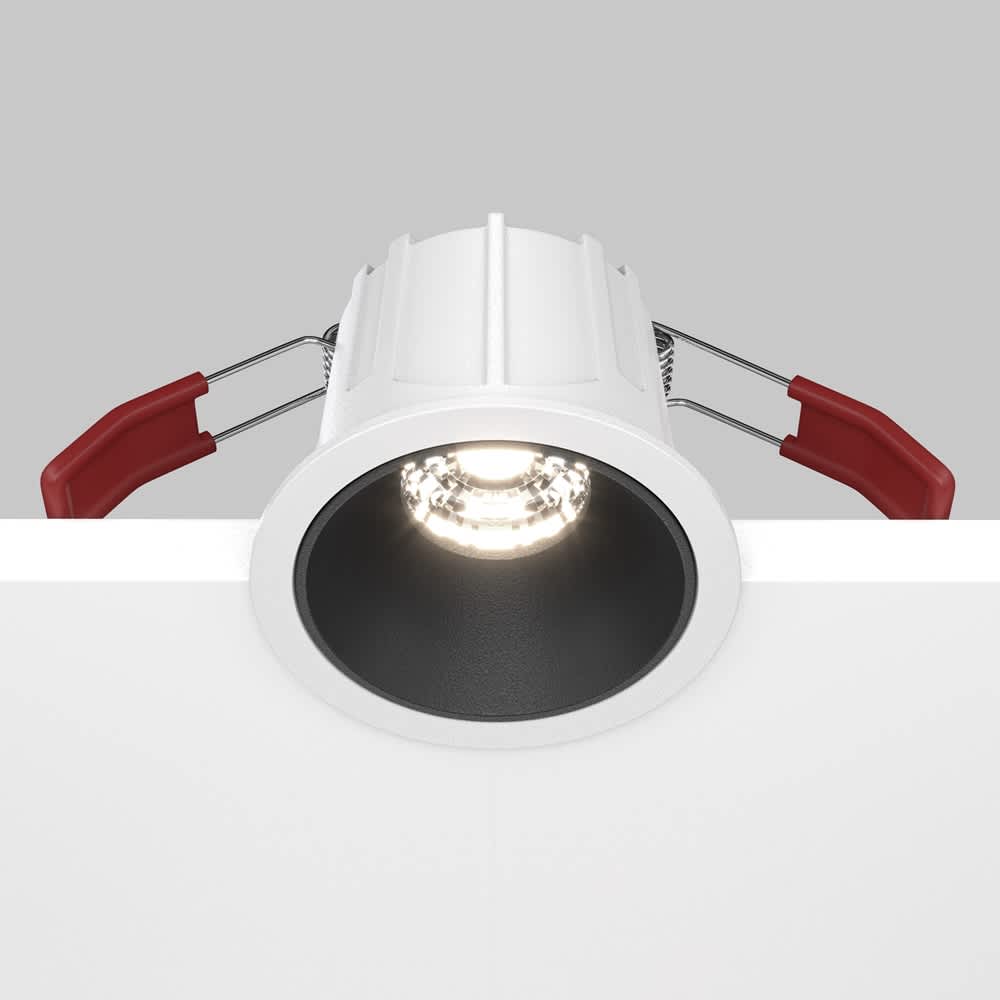 LED луна за вграждане Maytoni Alfa DL043-01-10W4K-D-RD-WB, бяла с черен рефлектор, общ изглед с корпуса и монтажните пружини