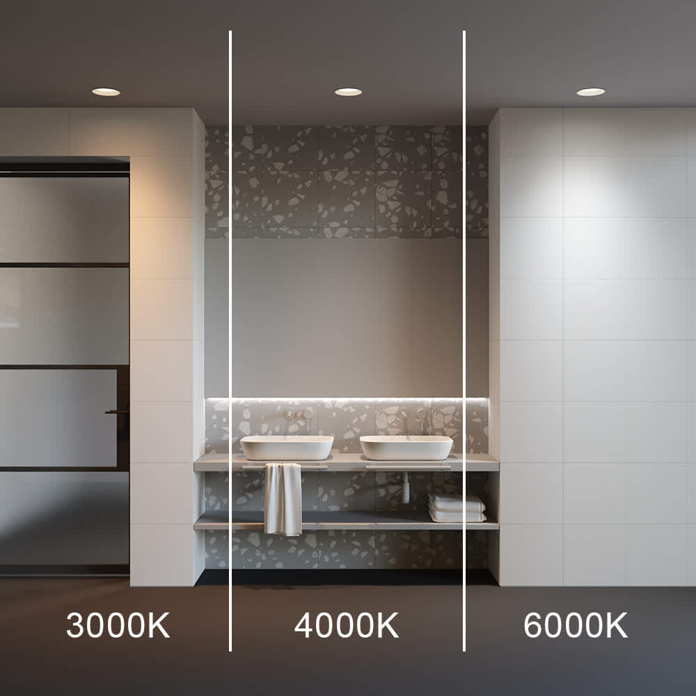 LED луна за вграждане Maytoni Okno DL055-18W3-4-6K-W, бяла, демонстрация на 3000K, 4000K и 6000K в интериор