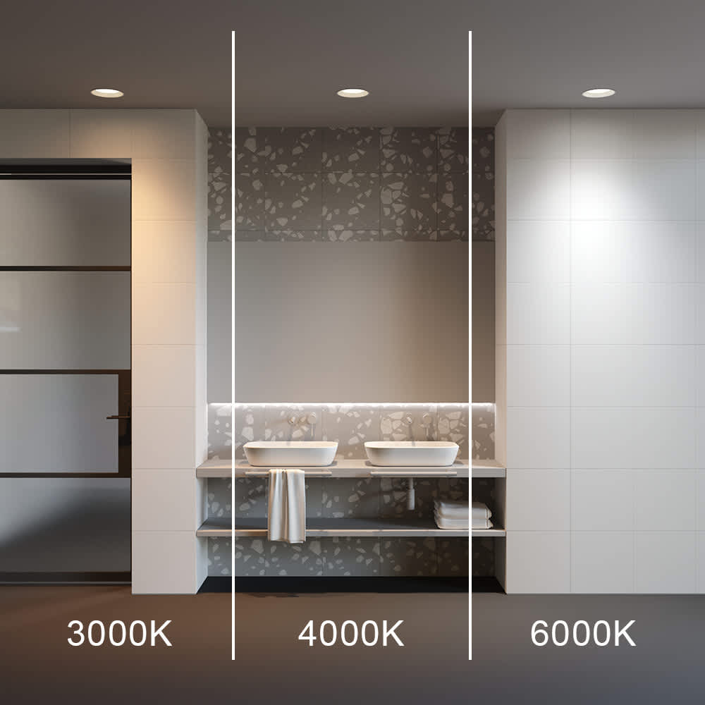 LED луна за вграждане Maytoni Okno DL055-24W3-4-6K-W, бяла, демонстрация на 3000K, 4000K и 6000K в интериор