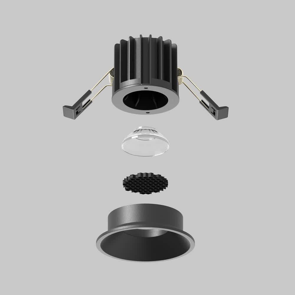 LED луна за вграждане Maytoni Round DL058-7W3K-B, черна, разглобен изглед с допълнителен филтър, който се купува отделно