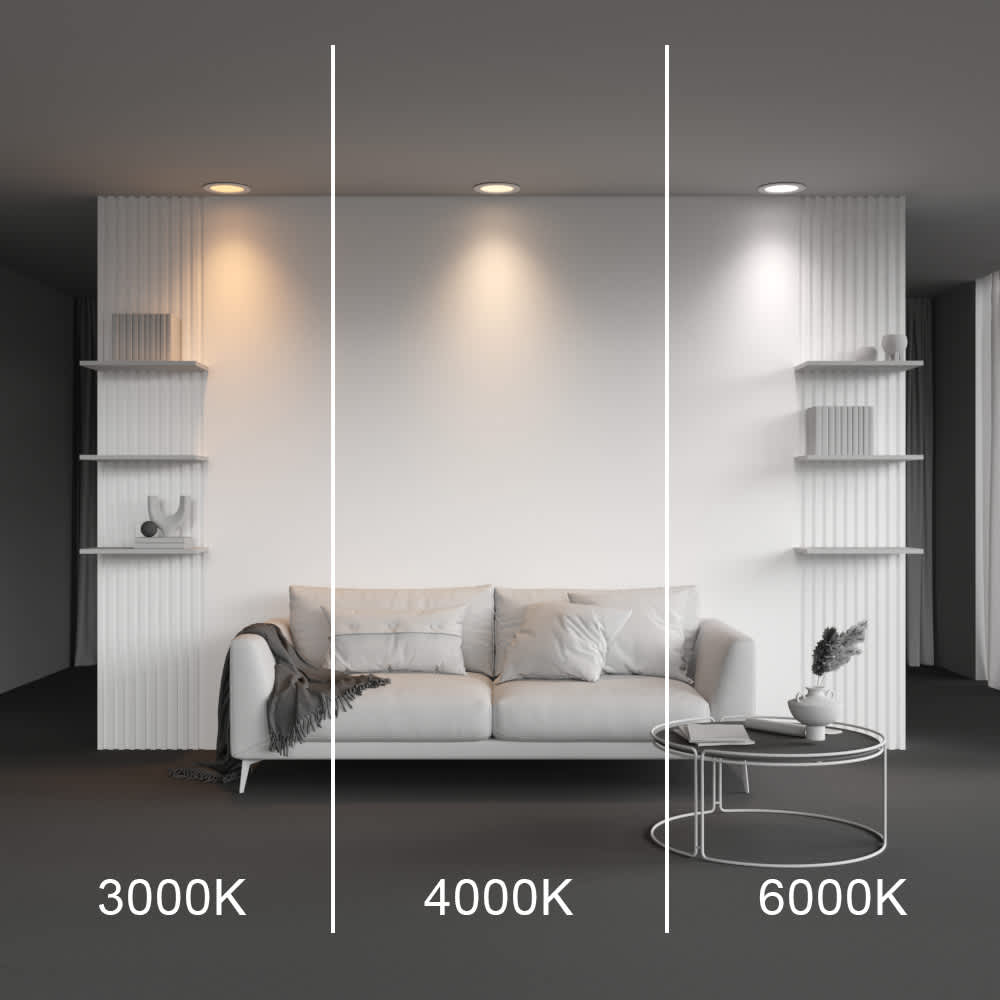 LED луна за вграждане Maytoni Stockton DL017-6-L18W3-4-6K 18W 3000/4000/6000K Ø22 см бяла - сравнение на 3000K, 4000K и 6000K в интериор