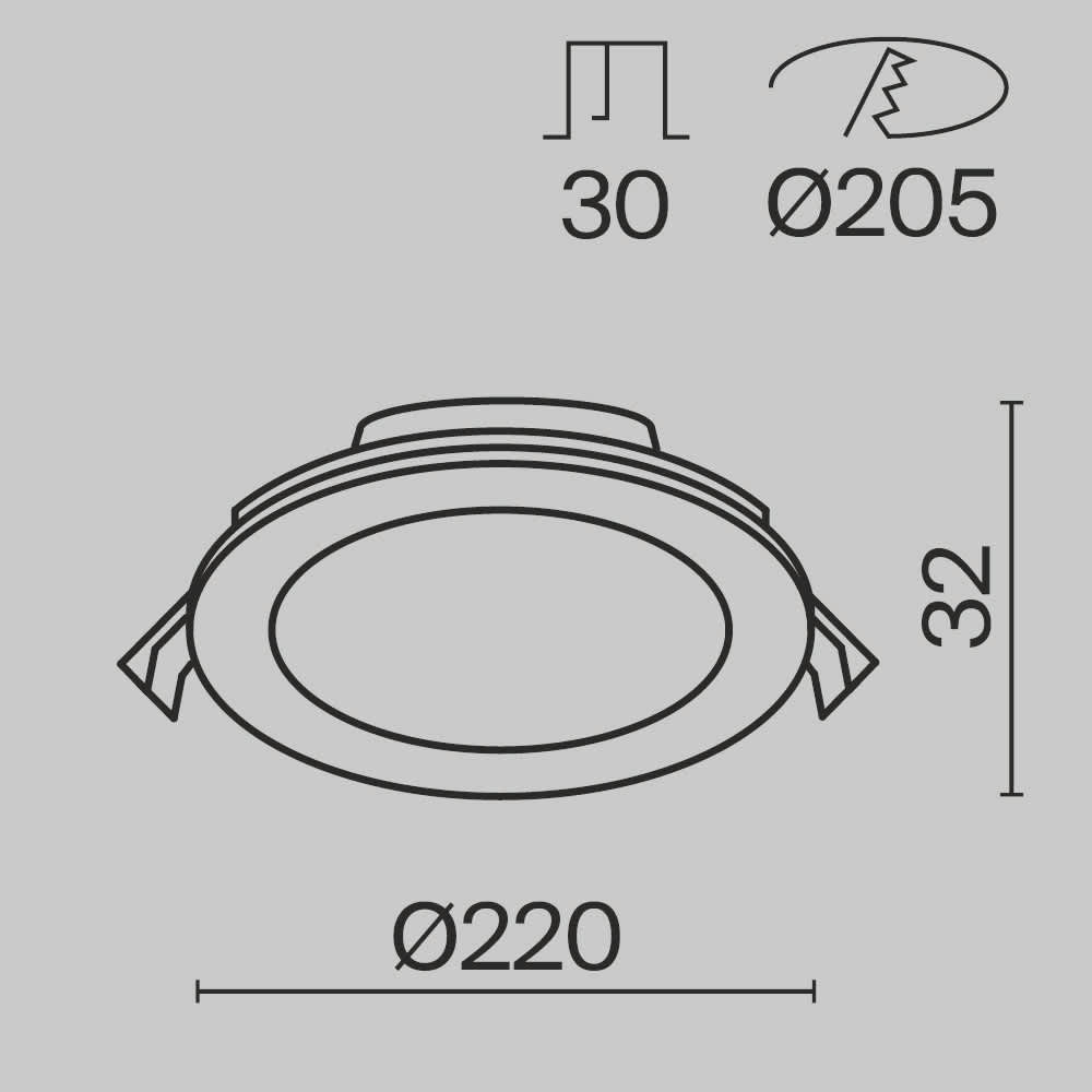 LED луна за вграждане Maytoni Stockton DL017-6-L18W3-4-6K 18W 3000/4000/6000K Ø22 см бяла - схема с размери