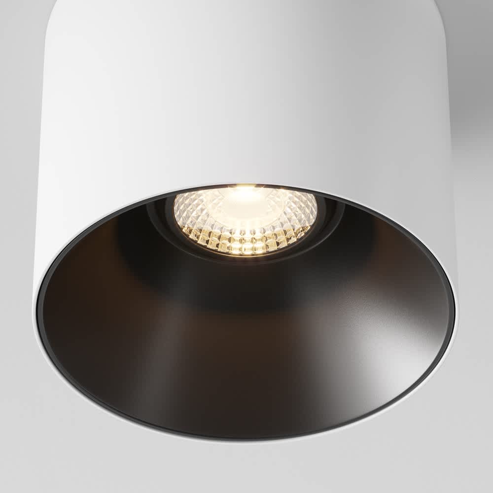 LED луна за таван Maytoni Alfa C064CL-01-25W3K-D-RD-WB, бяла с черен рефлектор, детайл на рефлектора и LED оптиката