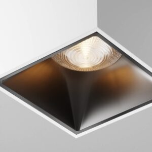 LED луна за таван Maytoni Alfa C065CL-L12W3K, бяла с черен рефлектор, детайл на рефлектора и LED оптиката
