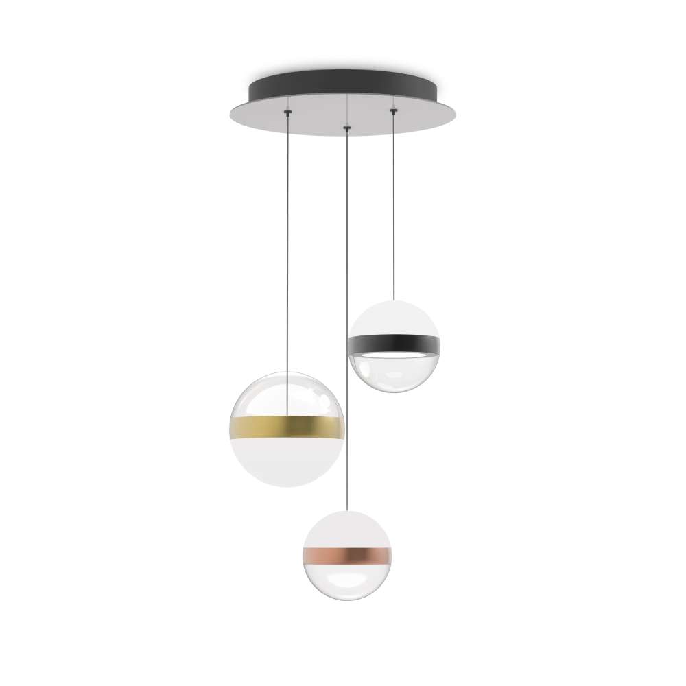 Пендел Ideal Lux Galaxy SP3 342993 с 3 акрилни сфери и метални пояси в никел месинг и мед